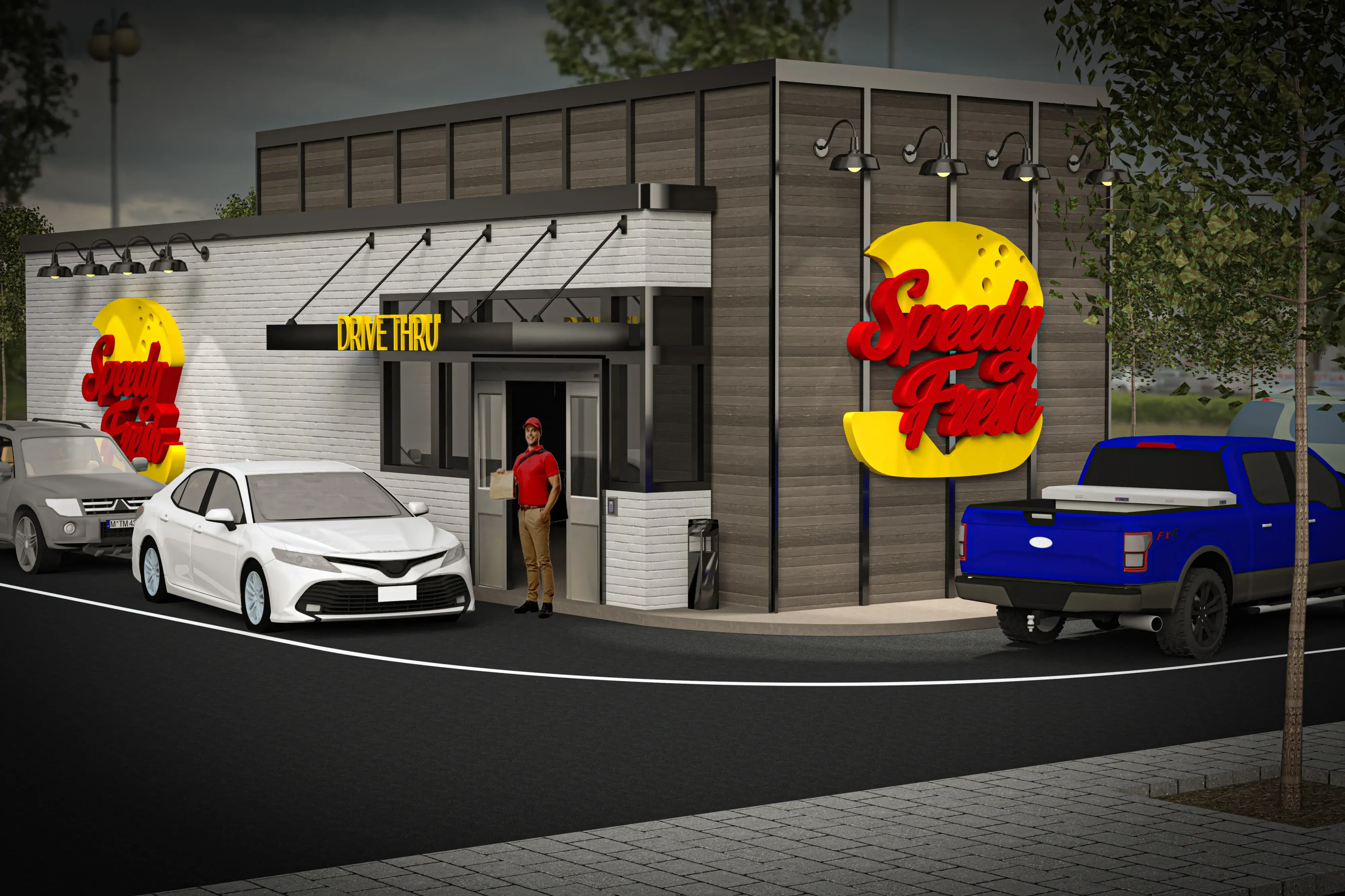 car at drive-thru with server