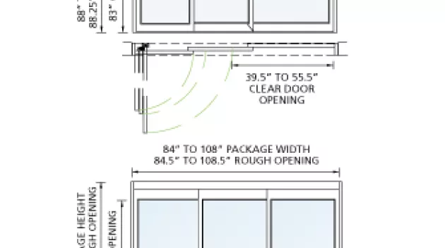 A drawing of a 3 panel telescoping icu door.