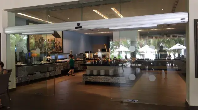 A set of glass doors in a store.