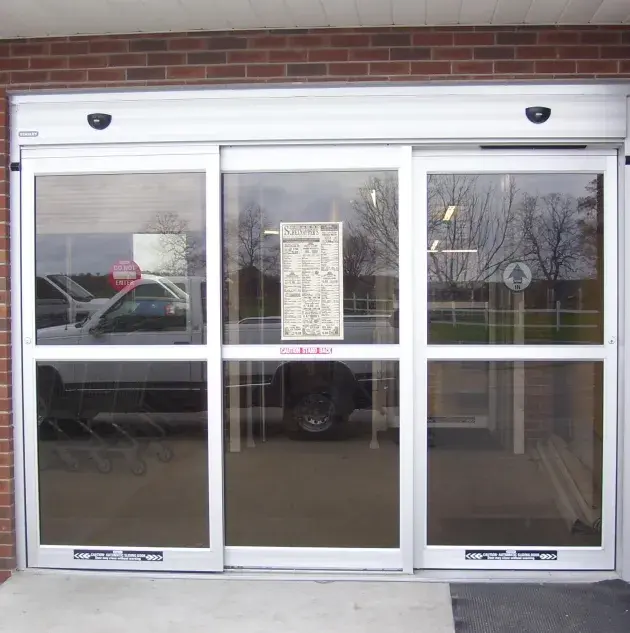 A set of bypass doors to a store.