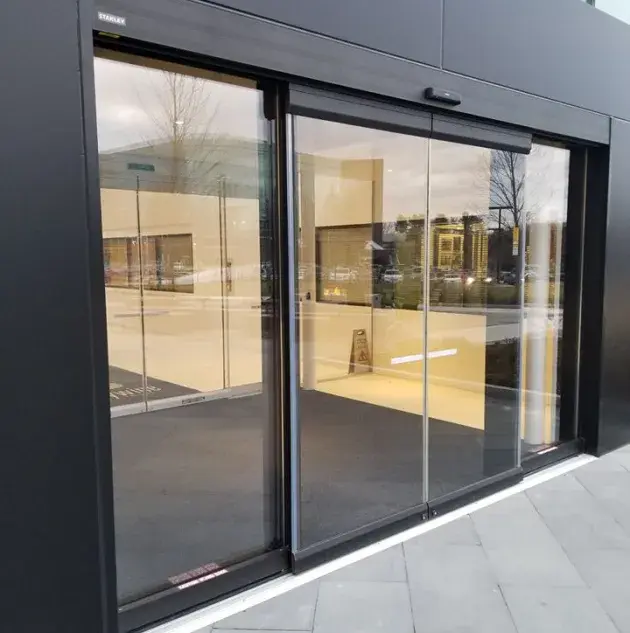 A set of all glass sliding doors.