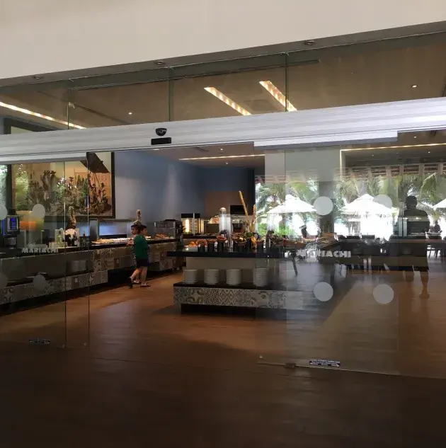 A set of glass doors in a store.