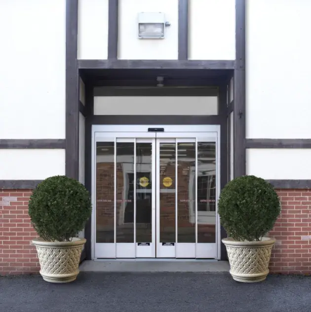 A view of a set of storefront doors.