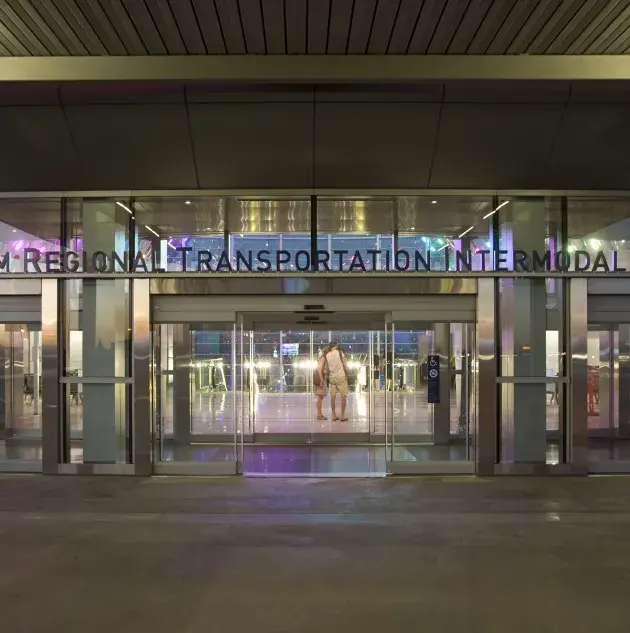 exterior of building with all glass doors.