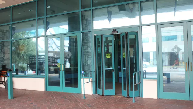 A set of folding doors to a building.