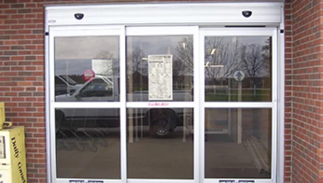 A set of bypass doors to a store.