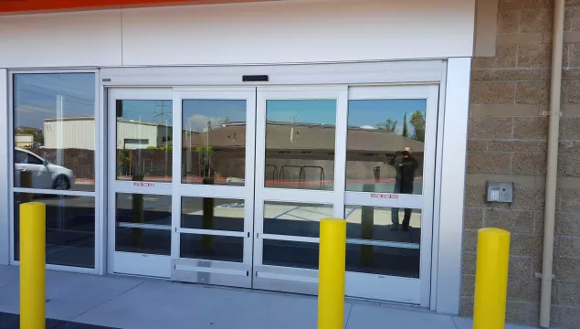 Dura guard automatic sliding door to a building.